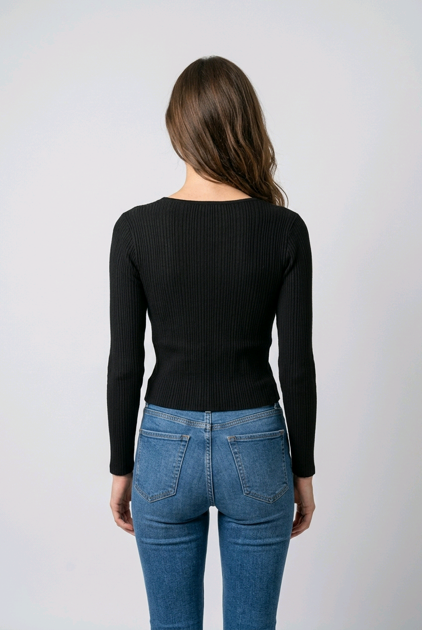 Top noir femme NA-KD – Taille M – Top côtelé élégant à manches longues